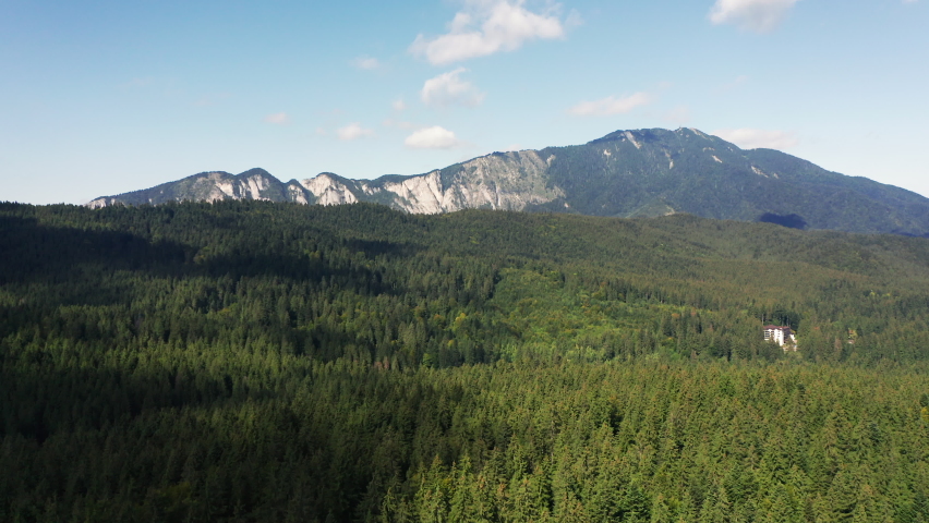 Aerial Scenic landscape of Postavarul Massif. View from Predeal, Romania