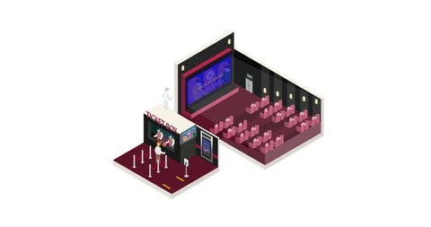 New normal life style in Cinema, wearing mask and social distancing. Isometric detailing view point. Animation.