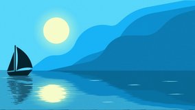 A sailboat under moonlight on a wavy lake near mountains. Flat style 2d animated landscape.  - Powered by Shutterstock - Get 15% off with code: PIKWIZARD15