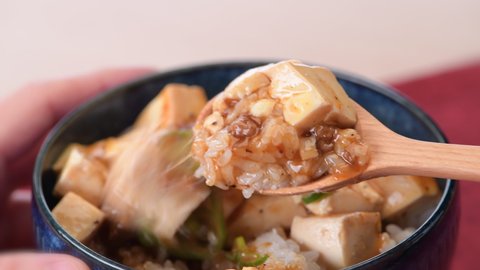 Mapo tofu on rice bowl. Japanese Chinese food.