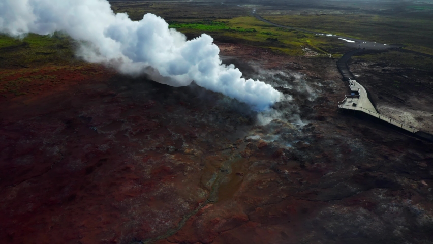 Aerial View Of White Smoke Rising From Gunnuhver Hot Springs In Iceland.