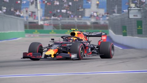 SOCHI, RUSSIA - 29 September 2019: Red bull Formula 1 car of Max Verstappen at Free Practice at  Formula 1 Grand Prix of Russia 2019, 4K High quality editorial footage