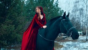 Video with noise. fantasy woman princess rider sits astride, stroking neck black horse. Enjoy winter nature green tree, animal. Long clothing red vintage cloak medieval cape. Hood on redhaired head