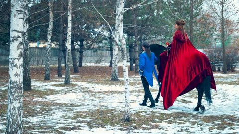 Video with noise. rider woman, red velvet vintage long cloak, sits on black horse. Redhaired long hair. Fantasy prince brunette man in blue tuxedo, walks holds horse by bridle. Backdrop winter nature