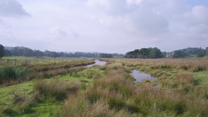 River Kenn in Powderham Park from a drone, Powderham Castle, Exeter, Devon, England