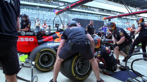 SOCHI, RUSSIA - 29 September 2019: Max Verstappen Red Bull Racing Team pit stop training at  Formula 1 Grand Prix of Russia 2019, 4K High quality editorial footage