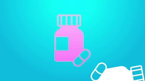 Pink line Sedative pills icon isolated on blue background. 4K Video motion graphic animation.