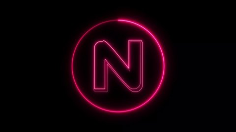 Animated pink neon letter N on a black background. 4K.  Glowing neon line in a circular path around the uppercase alphabet.
