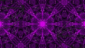Animation of purple kaleidoscopic shapes over neon yellow lips on dark background. digital interface technology and background concept digitally generated video.