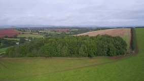 Fields over Compton Castle from a drone, Compton, Devon, England, Europe