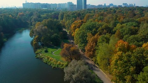 Drone aerial view on beautiful autumn colorful trees and walking people and families in Moscow park Botanicheskiy sad. Autumn season colorful trees