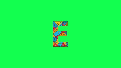Letter E. Animated unique font made of circles and triangles, polygons. Bauhaus geometric mosaic style. Bright colors. Letter E for icons, logos, interface elements. Green chromakey background, 4K