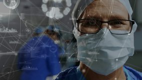 Animation of network of connections and data processing over surgeon in operating theater. medical and healthcare technology concept digitally generated video.