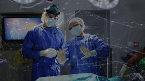 Animation of network of connections over surgeons in operating theater. medical and healthcare technology concept digitally generated video.