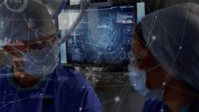 Animation of network of connections and data processing over surgeons in operating theater. medical and healthcare technology concept digitally generated video.