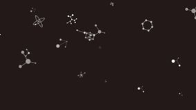 Animation of moving white molecules on black background. digital interface technology and background digitally generated video.