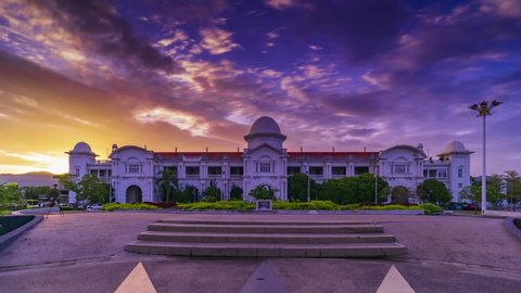 IPOH, MALAYSIA-10.10.2018: Timelapse Of Majestic Railway Station during sunrise. Ipoh Railway station is one of the heritage sides of Unesco. Zoom In motion effect.