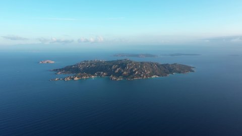 View from above, stunning aerial view of Spargi Island with Cala Corsara, Cala Soraya and some other beaches bathed by a turquoise water. La Maddalena archipelago National Park, Sardinia, Italy.