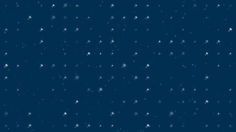 Template animation of evenly spaced sledgehammer symbols of different sizes and opacity. Animation of transparency and size. Seamless looped 4k animation on dark blue background with stars