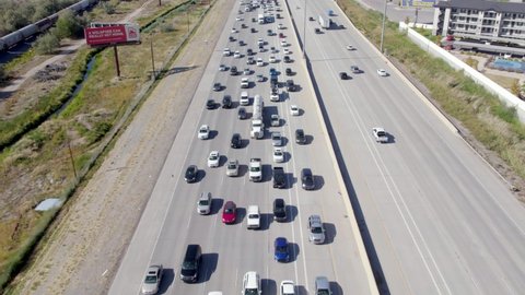 Orem , Utah , United States - 10 01 2021: Traffic Jam of Cars Driving on Interstate Freeway in Utah County, Aerial