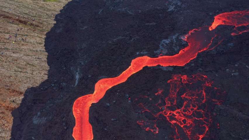 Geldingadalur Eruption - Hot Lava Flowing At Natthagi Valley During Eruption Of Fagradalsfjall Volcano In Iceland. - aerial