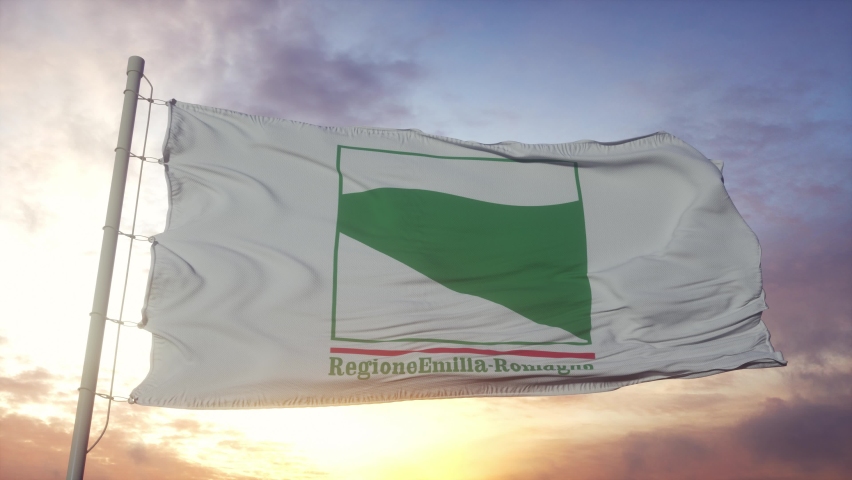 Emilia-Romagna flag, Italy, waving in the wind, sky and sun background Royalty-Free Stock Footage #1080650369