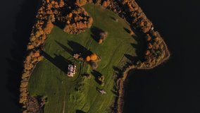 Aerial view of the ruins of the church on the island in a village named White Church in Belarus. Heritage concept.