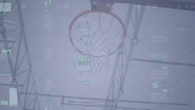 Animation of financial data processing over caucasian male basketball player playing at gym. sport, connections and digital interface concept digitally generated video.