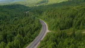Shooting of a winding road passing through the wood from a bird's eye view. Location Carpathian mountains, Ukraine, Europe. Cinematic aerial shot. Discover the beauty of earth. Filmed 4k, drone video.