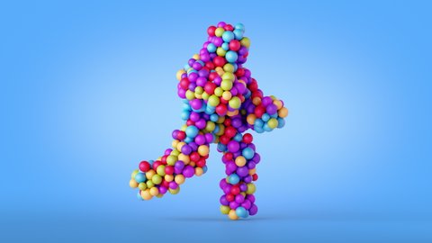 looping 3d animation, cartoon character having fun, mascot toy made of colorful balls dancing and jumping, isolated on blue background. Funny dance moves