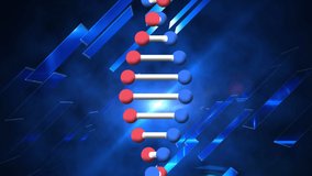 Animation of dna strand and purple lines over blue squares on black background. global connections, technology, data processing and digital interface concept digitally generated video.