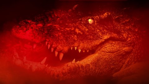 Smoky Red Swamp With Huge Crocodile Opening Mouth