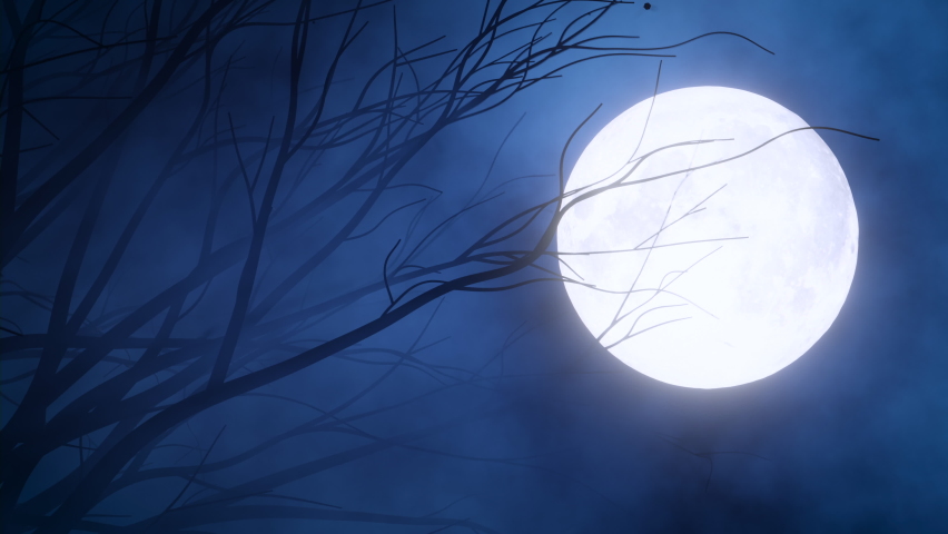 Spooky scene at the woods with full moon glowing through leafless bare tree branches during storm wind at night. Haunting and eerie halloween or horror concept background. 3d animation Royalty-Free Stock Footage #1080662642