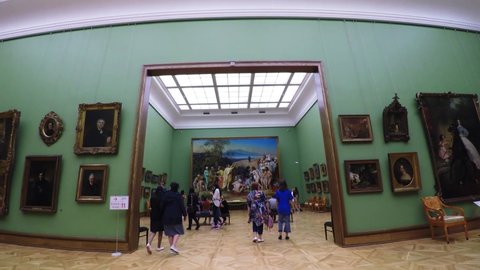 MOSCOW, RUSSIA - JULY, 2020: Tretyakov Gallery in Moscow. Halls and interiors. Masterpieces of world painting. Canvases. Shot in 4K (ultra-high definition (UHD)).