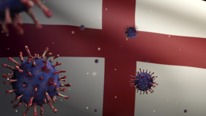 3D, England flag waving with coronavirus outbreak infecting respiratory system as dangerous flu. Influenza type Covid 19 virus with national English banner blowing at background. Pandemic risk concept Royalty-Free Stock Footage #1080673433