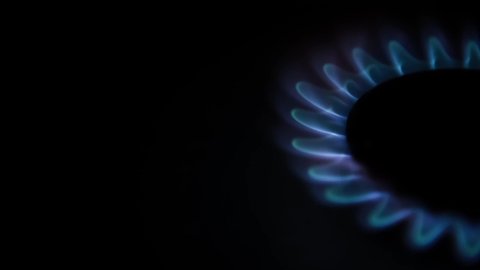 Side view of burning gas stove with blue flame in dark kitchen. Black background. Copy space for your text. Selective focus. Biogas or natural gas. Fuel industry theme.