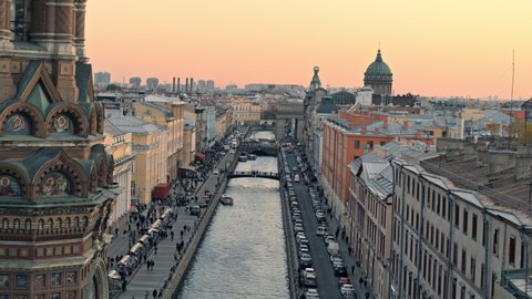 Saint-Petersburg drone view of the griboyedov canal from the side of the Savior on Spilled Blood. Singer's house and Kazan Cathedral on the horizon.Russia