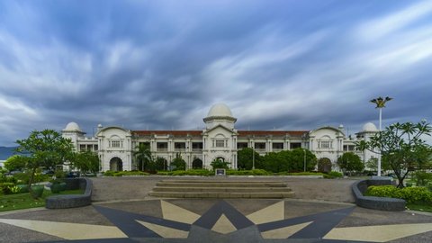 IPOH, MALAYSIA-10.10.2018: Timelapse Of Majestic Railway Station during sunrise. Ipoh Railway station is one of the heritage sides of Unesco. Zoom In motion effect.