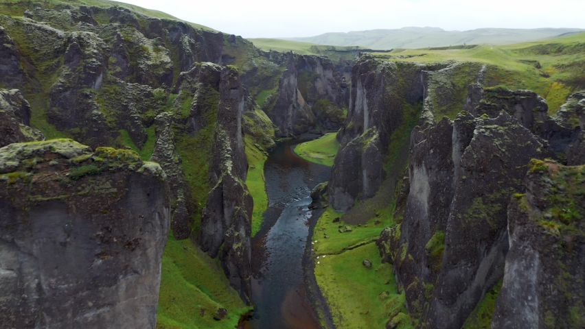Landscape Of Fjaðrárgljúfur Canyon In South East Iceland - aerial drone shot Royalty-Free Stock Footage #1080689282