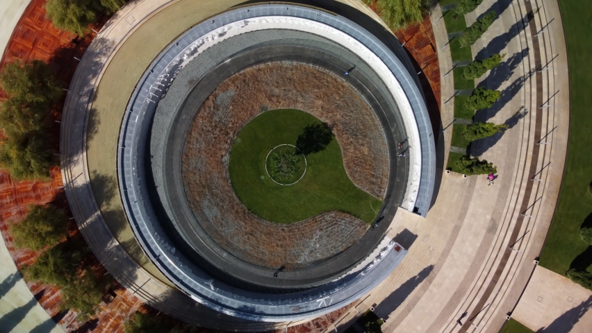 Krasnodar, Russia -October, 2021 aerial view, drone shooting part of a green park with a circular geometry resembling the human eye. a modern space of the new normal, taking into account social