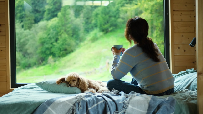 Woman sitting with her dog on the bed and looks outside the window seeing a mountain. Woman drinking cup of tea or coffee. Royalty-Free Stock Footage #1080700967