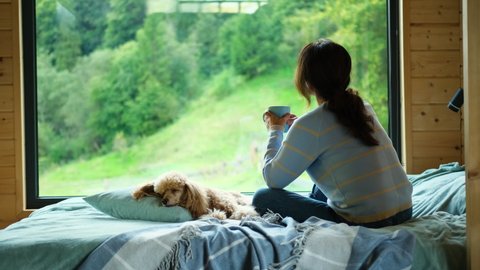 Woman sitting with her dog on the bed and looks outside the window seeing a mountain. Woman drinking cup of tea or coffee.