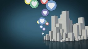 Animation of social media love heart icons over 3d cityscape. global connections, digital interface and data processing concept digitally generated video. - Powered by Shutterstock - Get 15% off with code: PIKWIZARD15