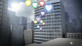 Animation of social media love heart icons over cityscape. global connections, digital interface and data processing concept digitally generated video. - Powered by Shutterstock - Get 15% off with code: PIKWIZARD15