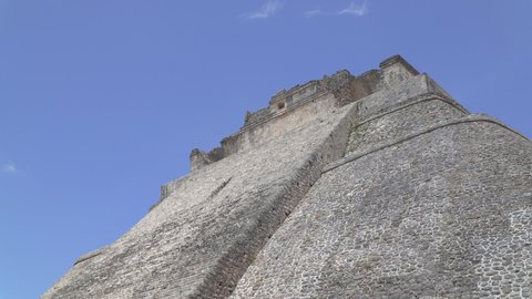 UXMAL, ancient city, YUCATAN, MEXICO - MAY 2021: Ruins of the Pyramid of the Magician, an ancient Mayan temple and central landmark of Uxmal