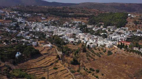 Lefkes village in Paros island in Greece. Zoom out Aerial view