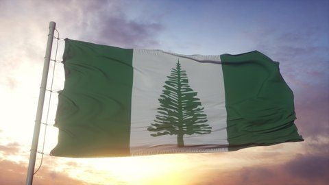 Norfolk Island flag, Italy, waving in the wind, sky and sun background