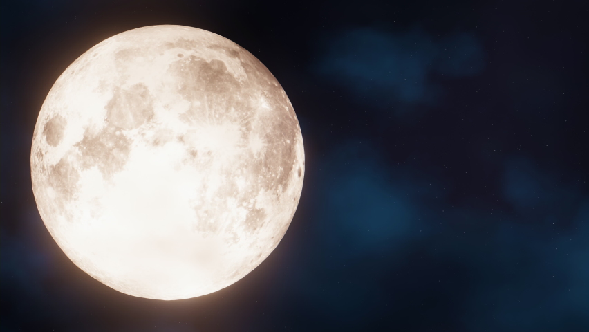 Glowing yellow huge full moon as seen from earth through the clouds against starry night sky. Beautiful abstract eerie background rendered in 3d Royalty-Free Stock Footage #1080712079