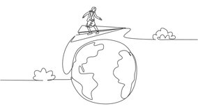 Animated self drawing of single continuous line draw young professional business woman doing business trip around world with paper airplane. Minimalism metaphor concept. Full length one line animation - Powered by Shutterstock - Get 15% off with code: PIKWIZARD15