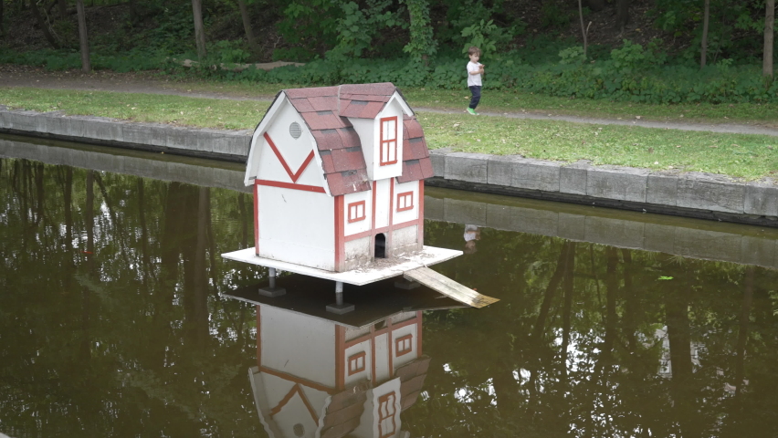 A little boy walks past a duck house at a pond in slow motion